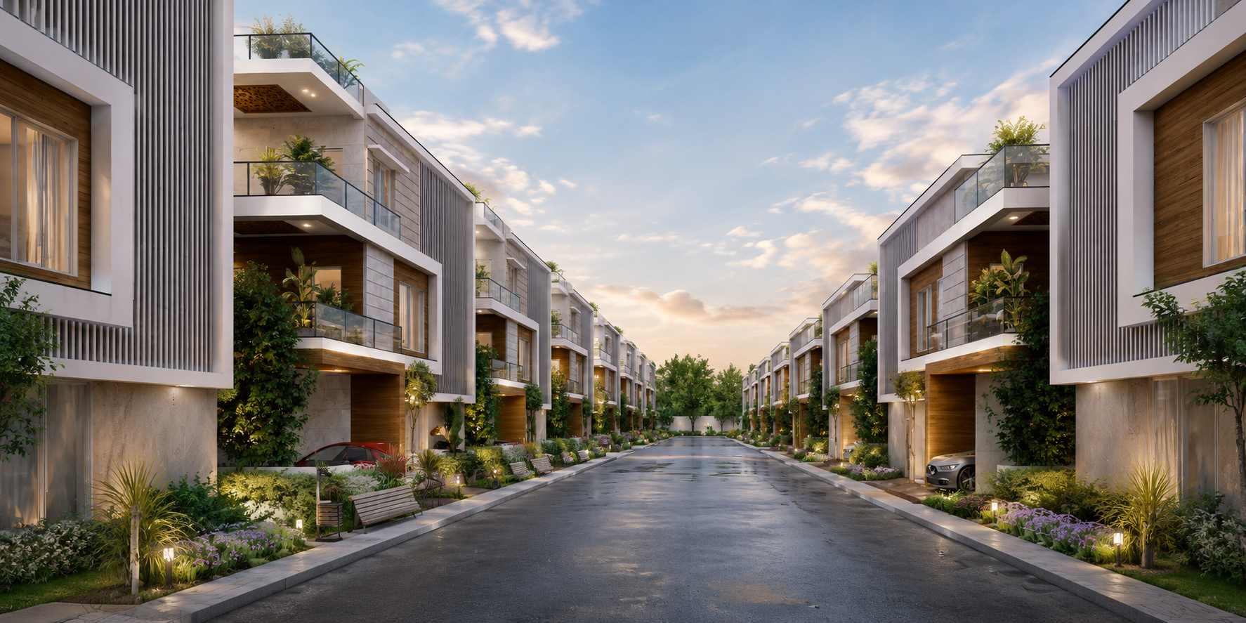 AMR Living Spaces premium villa community with tree-lined streets in Hyderabad
